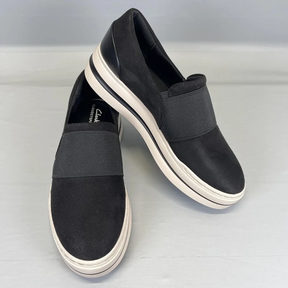 Clarks Audreigh Eve Shoes Womens Size 7 Black Suede Platform Comfort Sneakers